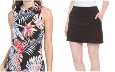 TOMMY BAHAMA Golf M Tropical Print Quarter Zip Tank Top & Black Skort NWT - Image 1 of 4