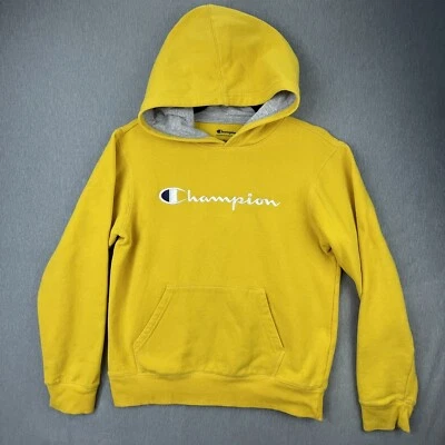 Champion Pullover Sudadera con Capucha Niños 10-12 Amarillo Bordado Logo Canguro Bolsillo Foto 1 de 4