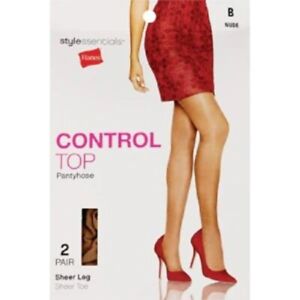2 Hanes Style Essentials Control Top Pantyhose Sheer Leg Toe 2 Pairs Size A Nude