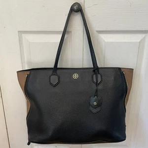 Tory Burch Leather Black and Brown Tote Classic Bag Purse - Picture 1 of 11