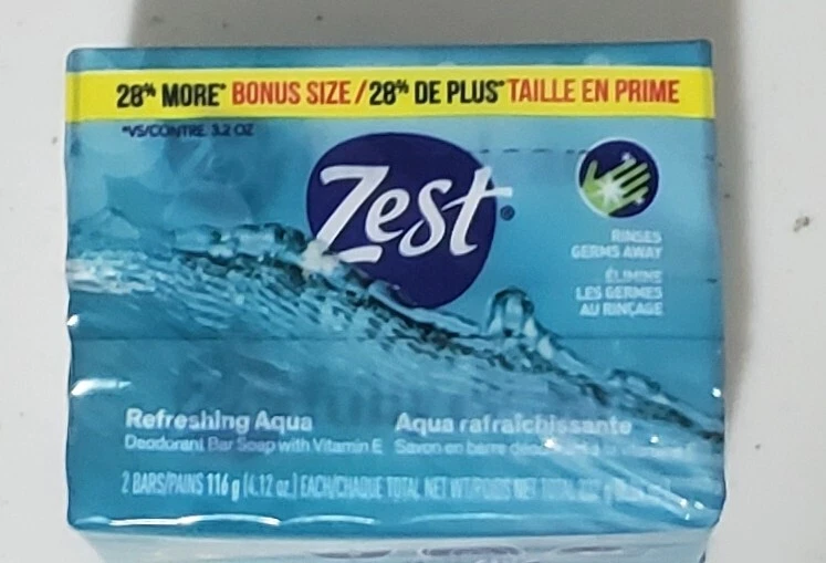 Pack of 2 Zest Refreshing Aqua Deodorant Bar Soap 3.2 oz Bars Rinses Germs Away - Image 1 of 1