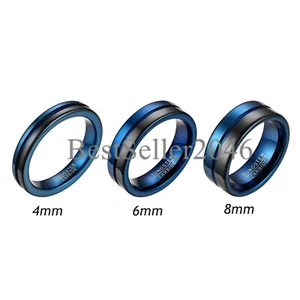 Men Women Tungsten Carbide Ring Black Blue Beveled Edge Wedding Band Size 4-14 - Picture 1 of 20