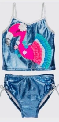 Flapdoodles 粉色蓝色火烈鸟贴花泳装 2 件 4T亮片/褶边36美元 — 第 1/4 张图片