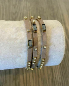 New Auth Chan Luu Baguette Crystal Taupe Leather Three Wrap Bracelet - Picture 1 of 6