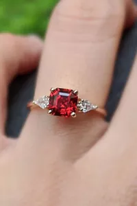 2.50 Ct Rare Red Spinel Asscher Cut & Kite cut CZ Three Stone Engagement Ring - Picture 1 of 5