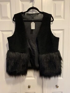 Faux fur trim black vest, open front, NWT, Sz L-XL, fleece body, Saks Fifth Ave - Picture 1 of 9