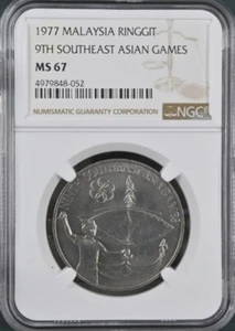 Mazuma *N1378 NGC Malaysia 1977 $1 9th Southeast Asian Games Coin MS67 - Picture 1 of 2