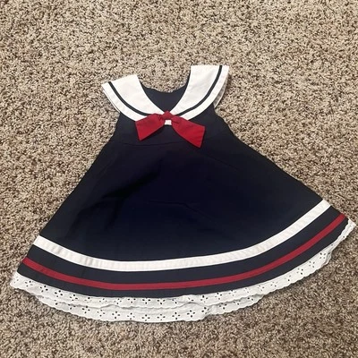 Blue and White Sleeveless A-Line Dress with Sailor Collar Size 12m - Image 1 of 4