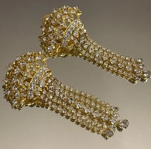 Vintage Gold Tone Rhinestone Wedding Engagement Prom Clip On Earrings - Picture 1 of 10