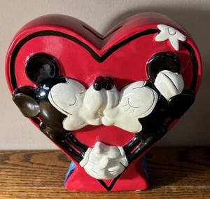 Disney Mickey & Minnie Mouse Kissing Red Heart Coin Bank with Stopper 7" Tall - Picture 1 of 9