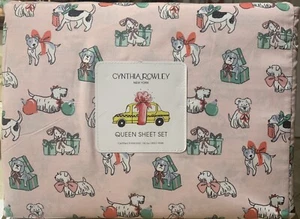 Queen Sheet Set Cynthia Rowley Holiday Christmas Dogs Bows Presents Pets New - Picture 1 of 3