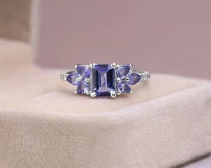 2.40Ct Emerald Cut Simulated Blue Tanzanite Wedding Ring 14k White Gold Plated - Picture 1 of 8