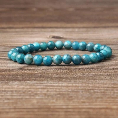 Natural 6mm Apatite Stone Dainty Bracelet Blue Gemstone Stretch Bracelet - Image 1 of 2