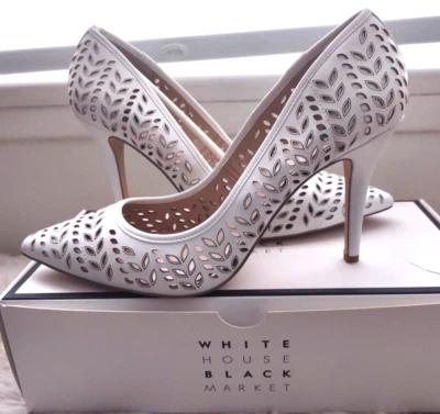 WHBM Olivia laser cut 9.5M perforated leather PUMP HEELS Ecru Off White New - Image 1 of 4