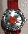 Holiday Silvertone Crystals Stainless Plaid Strap Poinsetta Watch Needs Battery 