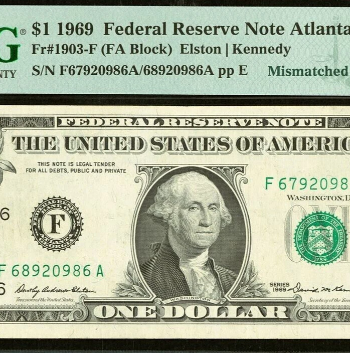 1969 $1 FRN Atlanta PMG 40 - Mismatched Serial Number - Error Note - 689/679 - Image 1 of 4