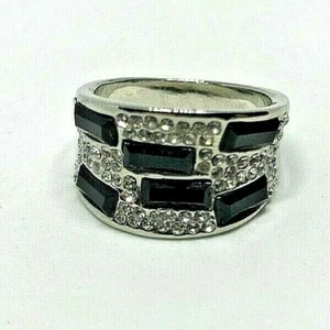 Vintage Black Horizontal Stones Rhinestone Silver Metal Ring 1980' Size S - Picture 1 of 6
