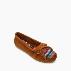 Minnetonka Women's Kilty Suede Hardsole Moccasin, Arizona Fabric - Picture 1 of 6