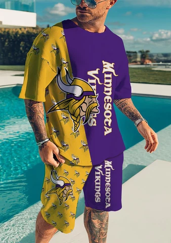Minnesota Vikings Pantss Set 2PCS Summer Short Sleeve T-Shirts Beach Shorts Cover
