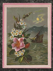 Victorian Stock Trade Card Oriental Lily Daisies Boat in Moonlight 6.25 x 4.5 - Bild 1 von 2