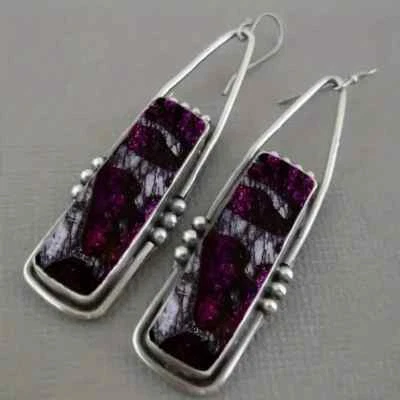 RETRO BOHO STYLE RECTANGLE CUT PURPLE & BLACK FLAKE RESIN INALID MOSAIC EARRINGS - Image 1 of 4