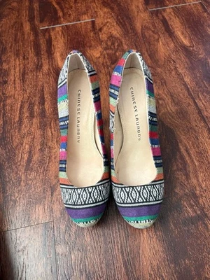 Plataforma de lavandería china talla 6,5 púrpura multicolor tapiz tribal tacón de gamuza Foto 1 de 4