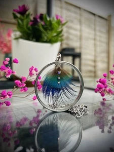 🩶🪶💙Peacock feather ,glass necklace,gift idea, new handmade 💙🪶🩶 - Picture 1 of 5