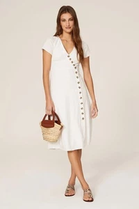 Madewell Größe 8 Leinenmischung Knopfleiste Wickel Midi Kleid in Leuchtturm Weiß - Bild 1 von 20