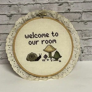 Handmade Needlepoint Cross Stitch "welcome to our room" Snail Mushroom Art Piece - Picture 1 of 4