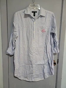 Lauren Ralph Lauren Blue Gingham Button Up 3/4 sleeves Night Shirt Cotton Size S - Picture 1 of 9