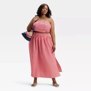 Universal Thread NWT Women's Smocked Maxi A-Line Skirt Red Gingham Size 1X - Picture 1 of 12