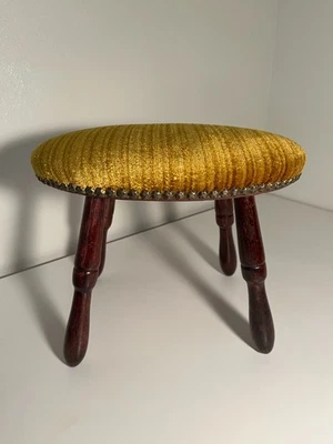 Vintage Oval Footstool Upholstered Cushioned Striped Gold Velvet Brass Tacks - Image 1 of 4