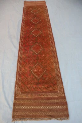"Vintage Terracotta Mishwani Hand-Knotted Wool Runner 1x7 Afghan Tribal Carpet" - Image 1 of 4