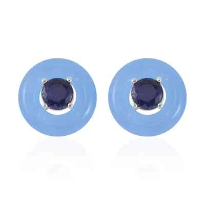 STUNNER!!  18.40ctw Jade Jackets & Sapphire Stud Earrings Rhodium Plated - Image 1 of 4