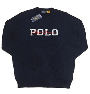 POLO RALPH LAUREN Men's Navy Script Logo Iconic Intarsia Knit Cotton Sweater NWT - Picture 1 of 6