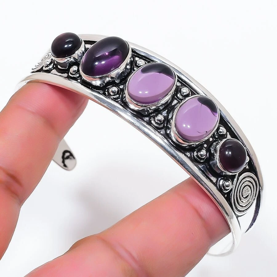 Purple Amethyst Gemstone 925 Sterling Silver Jewelry Adjustable Cuff Bracelet - Image 1 of 1