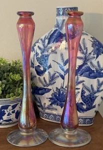 Silvestri Mouth Blown Pink Iridescent Glass 13” Candlestick Holders MCM - Picture 1 of 13