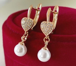 Luxus Herz Perlen Ohrringe Creole Hänger Zirkonia 750er Gold 18K vergoldet 25mm - Bild 1 von 7