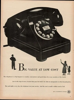 Teléfono telefónico giratorio 1950 anuncio impreso vintage años 50 sistema de campana asistencia al operador Foto 1 de 4