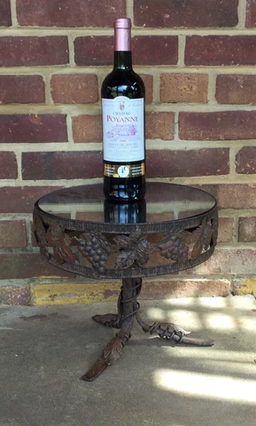 Antique Vintage Wrought Iron Accent Table Grapes & Leaves Motif w Mirror Top Cover