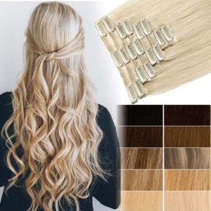 100% Natural Remy Clip in Hair Extensions 8 Full Head Real Human Hair US Seller - Picture 1 of 67