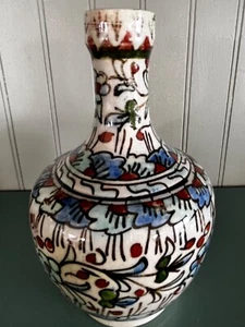 Rare Antique Turkish Kutahya Iznik Hand Painted Floral & Leaf Motif Vase 5.50” T - Picture 1 of 5