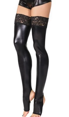 Halterlose Glanz Strümpfe Wetlook schwarz Spitzenband Ferse Zehen Ausschnitte - Bild 1 von 4