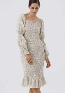 Nothing Fits But Dress ICHIKA Size M/L Beige Grey Floral Stretch Bump Friendly - Picture 1 of 8