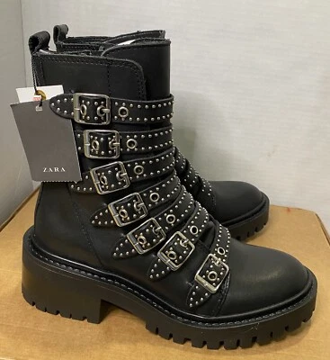 ZARA Botas al Tobillo de Cuero Botas de Combate Grunge, Motociclista Metal Tachuela Talla 5 Nuevas con Etiquetas Foto 1 de 4