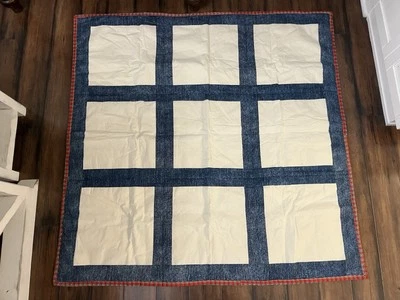 Blue & White Homemade Lap Quilt 48"x48" Red Plaid & Striped Back - Image 1 of 4