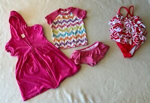Gymboree girls swimsuits and terry cover-up pink red floral Size 5 Lot of 4pcs