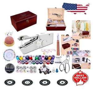Portable 153 Piece Sewing Kit with Handheld Machine & Stylish Wooden Organizer - Picture 1 of 9