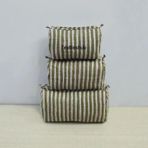Indian Green Striped Cotton Quilted Toiletry Purse Cosmetic Storage Bag Of 3 Pc - Picture 1 of 4