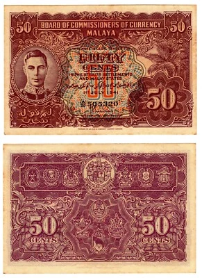 Billete Malasia 1941 50 centavos rey Jorge VI P10b a-UNC foxing serie #320 Foto 1 de 3